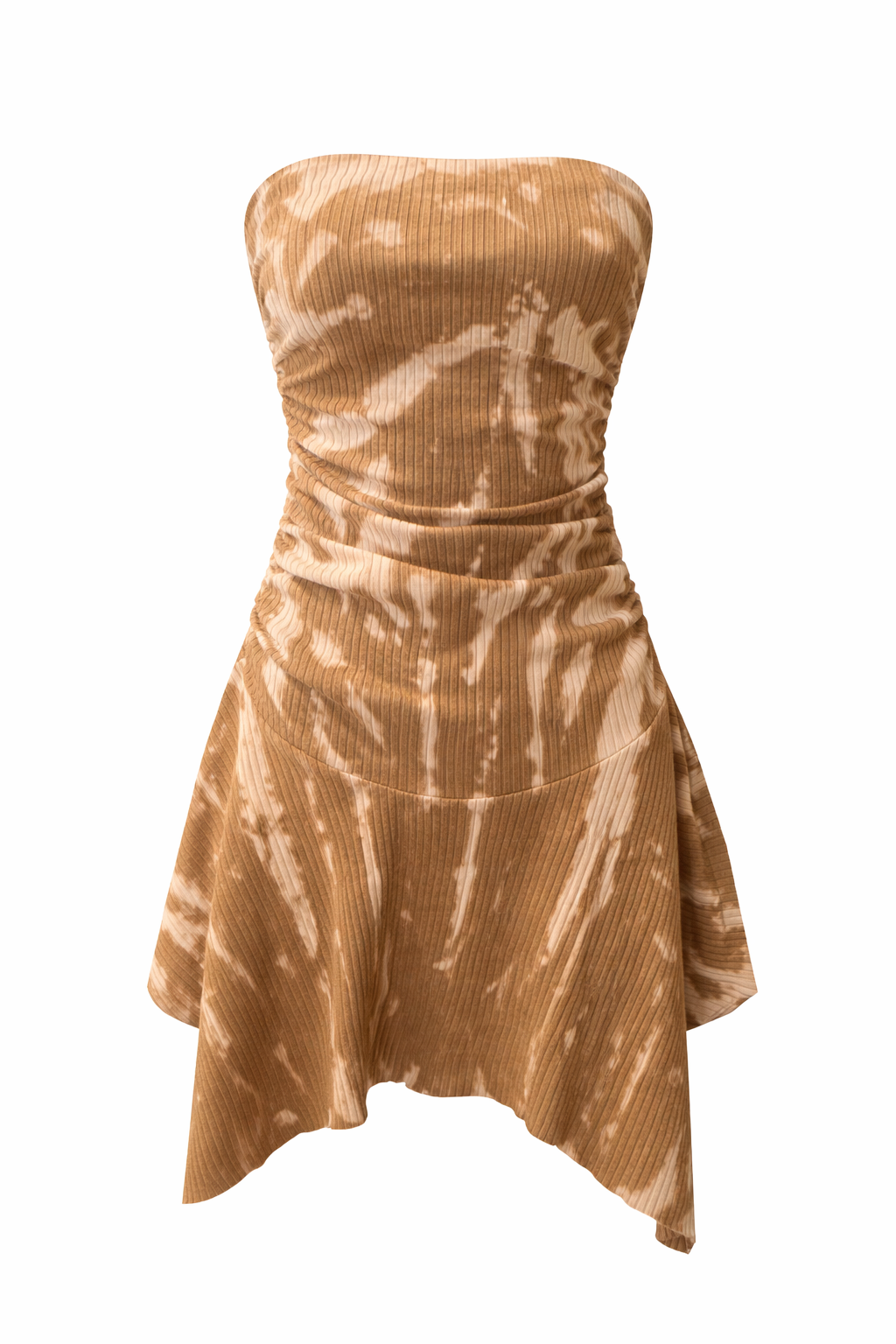 Strapless Bleach Ribbed Ruffle Mini Dress