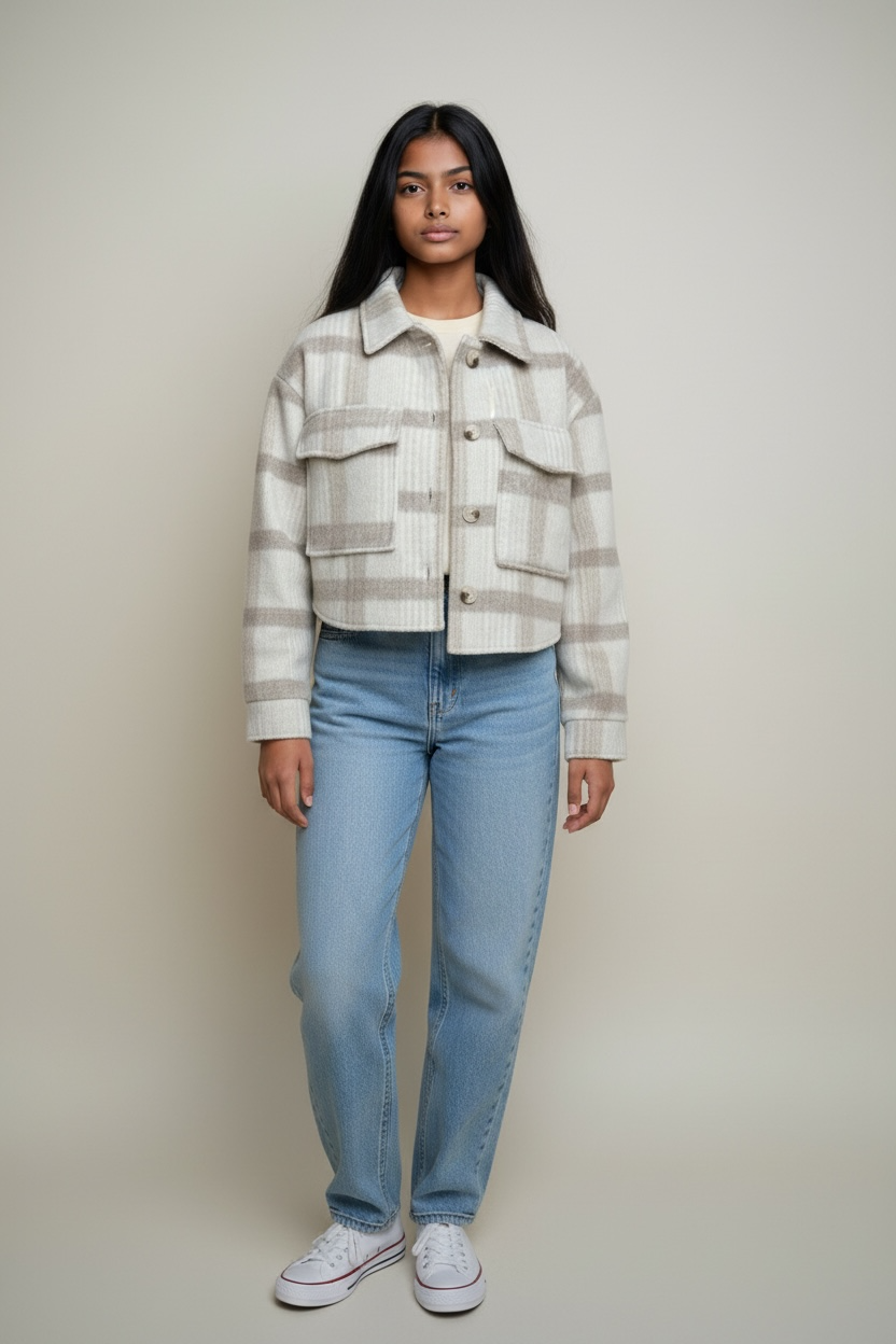 Beige plaid cropped shacket