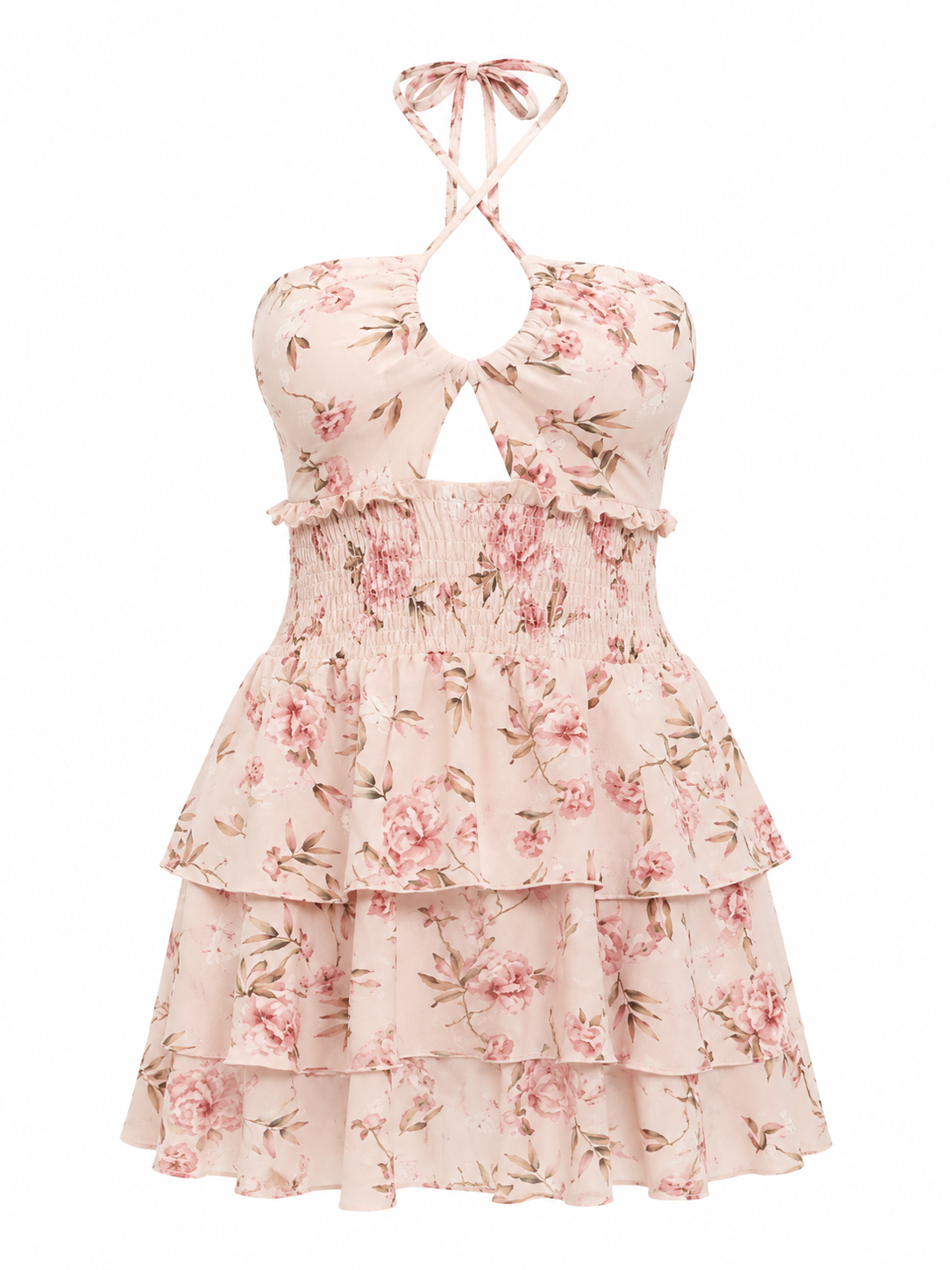 Pink Floral Print Cut Out Halter Mini Dress