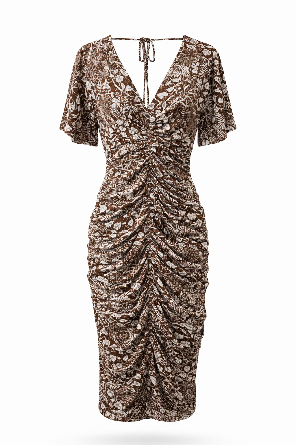 Brown Tropical Scrunch Midi Dress