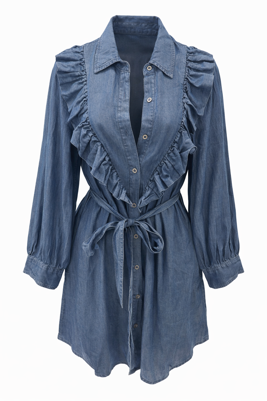 Denim Ruffle Tie Mini Dress