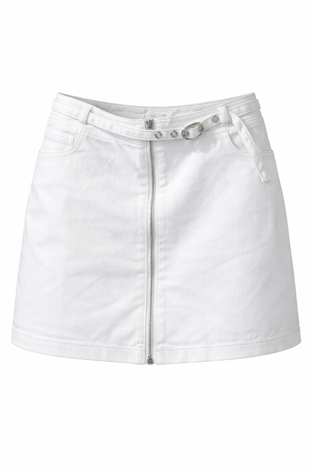 White Denim Zip Up Belted Mini Skirt