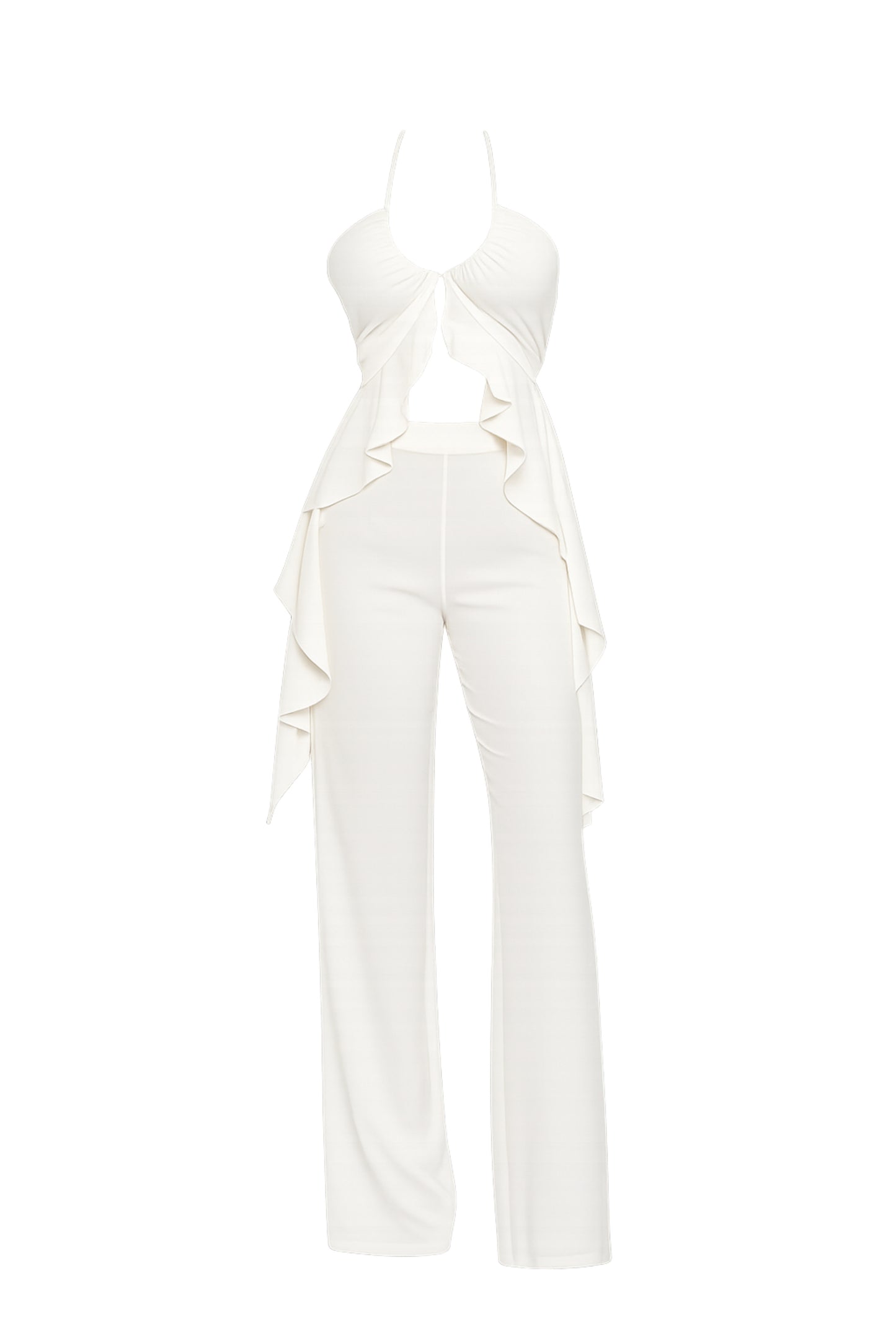 Front Ruffle Hem Halter Tie Top and Pants Set