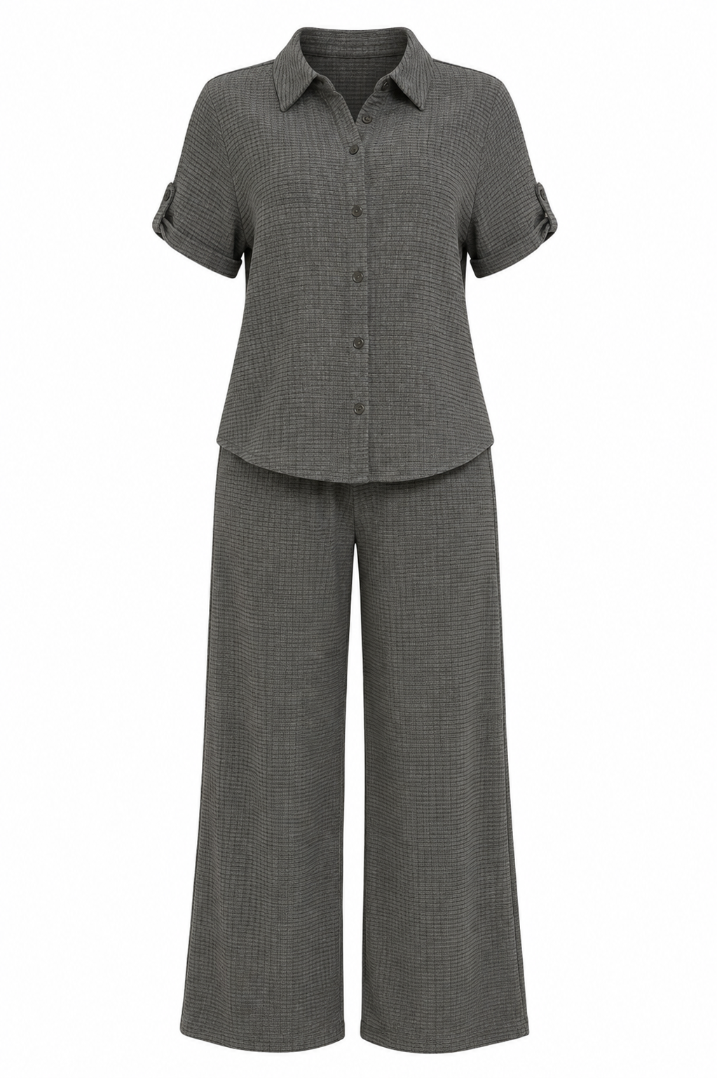 Textured Button Down Pants Two Piece Set