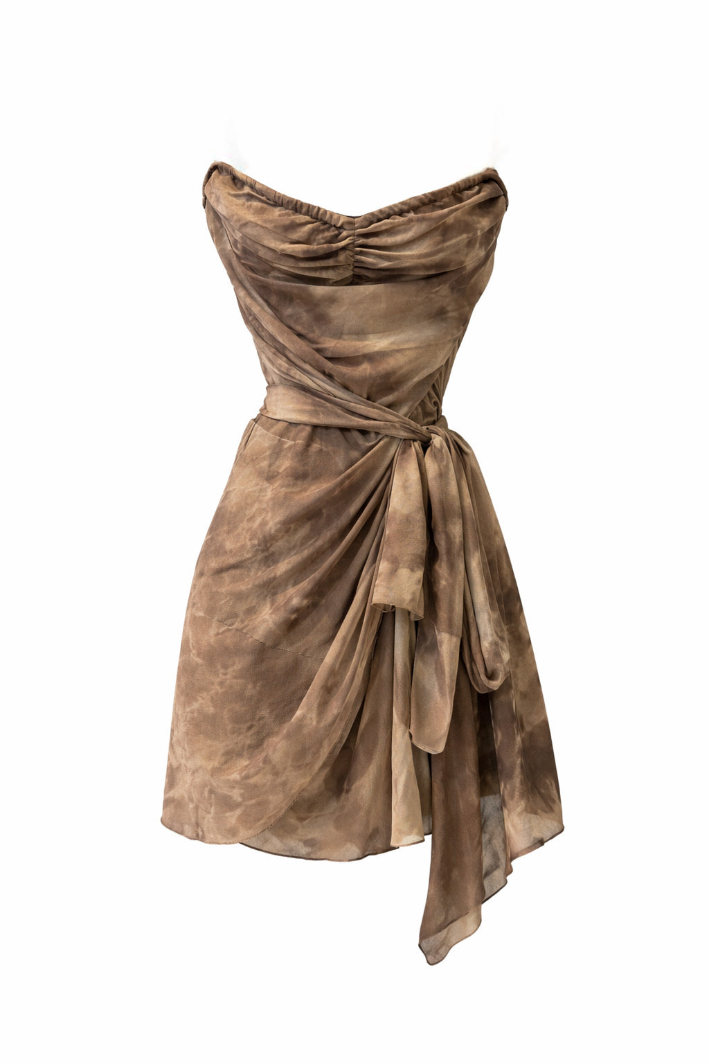 Mocha Mesh Tie Strapless Tier Mini Dress
