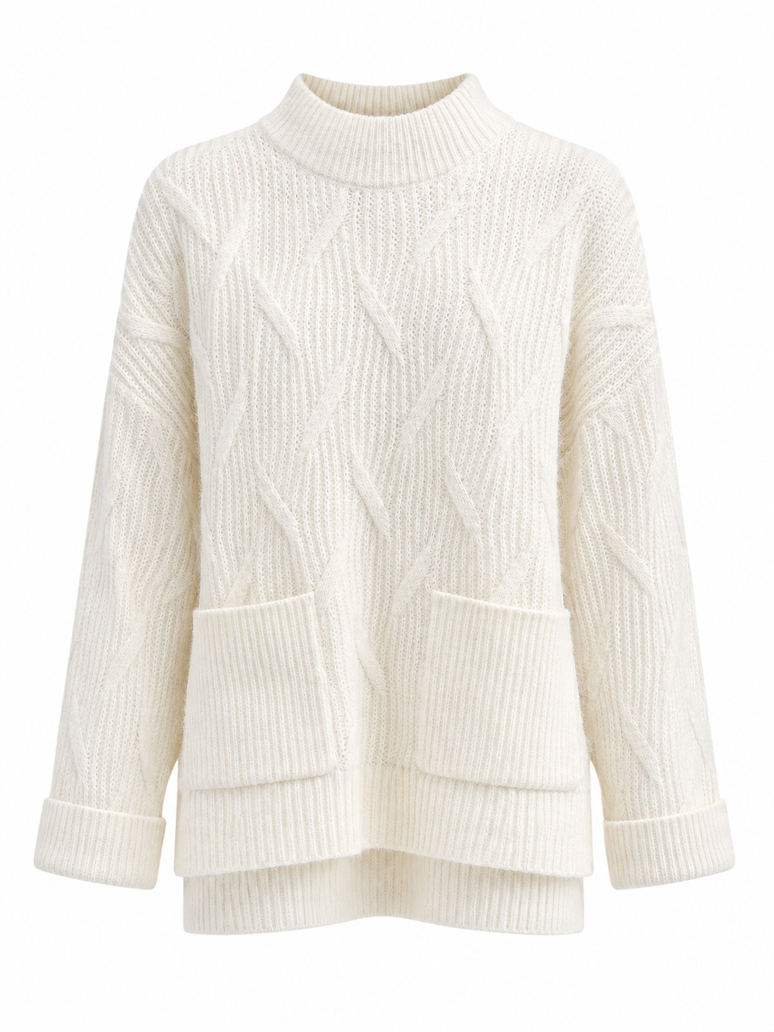 Cream Cable Knit Mock Neck Pocket Sweater