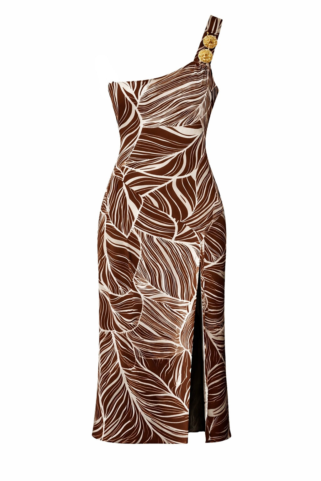 Tropical Print Circle Gold Accent Split Midi Dress