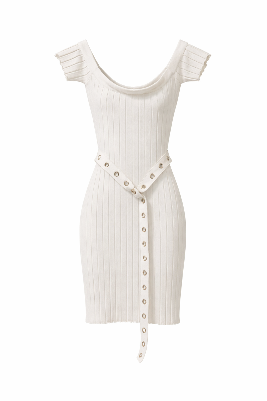 Ribbed White Belted Mini Dress