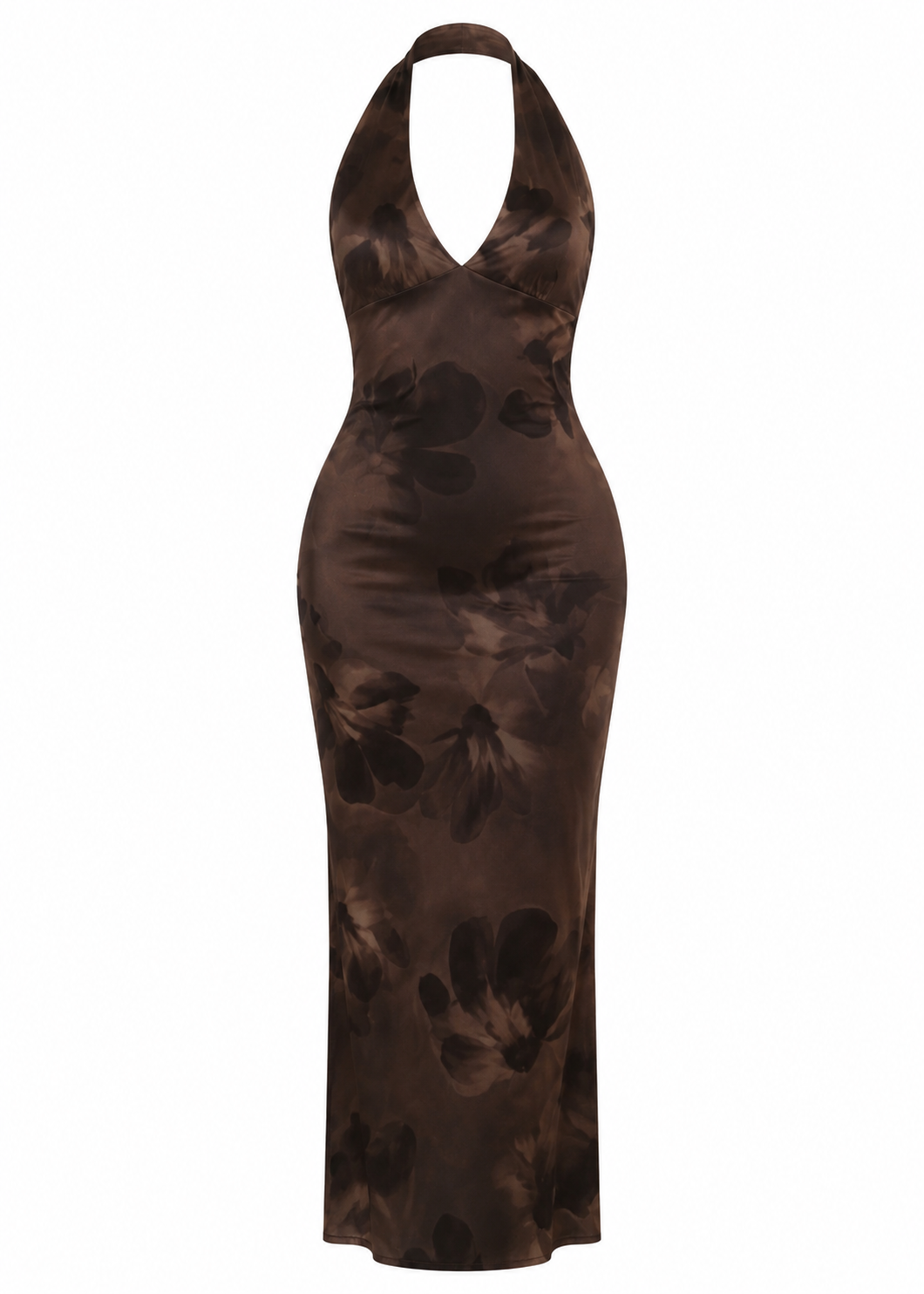 Brown V Neck Halter Floral Maxi Dress