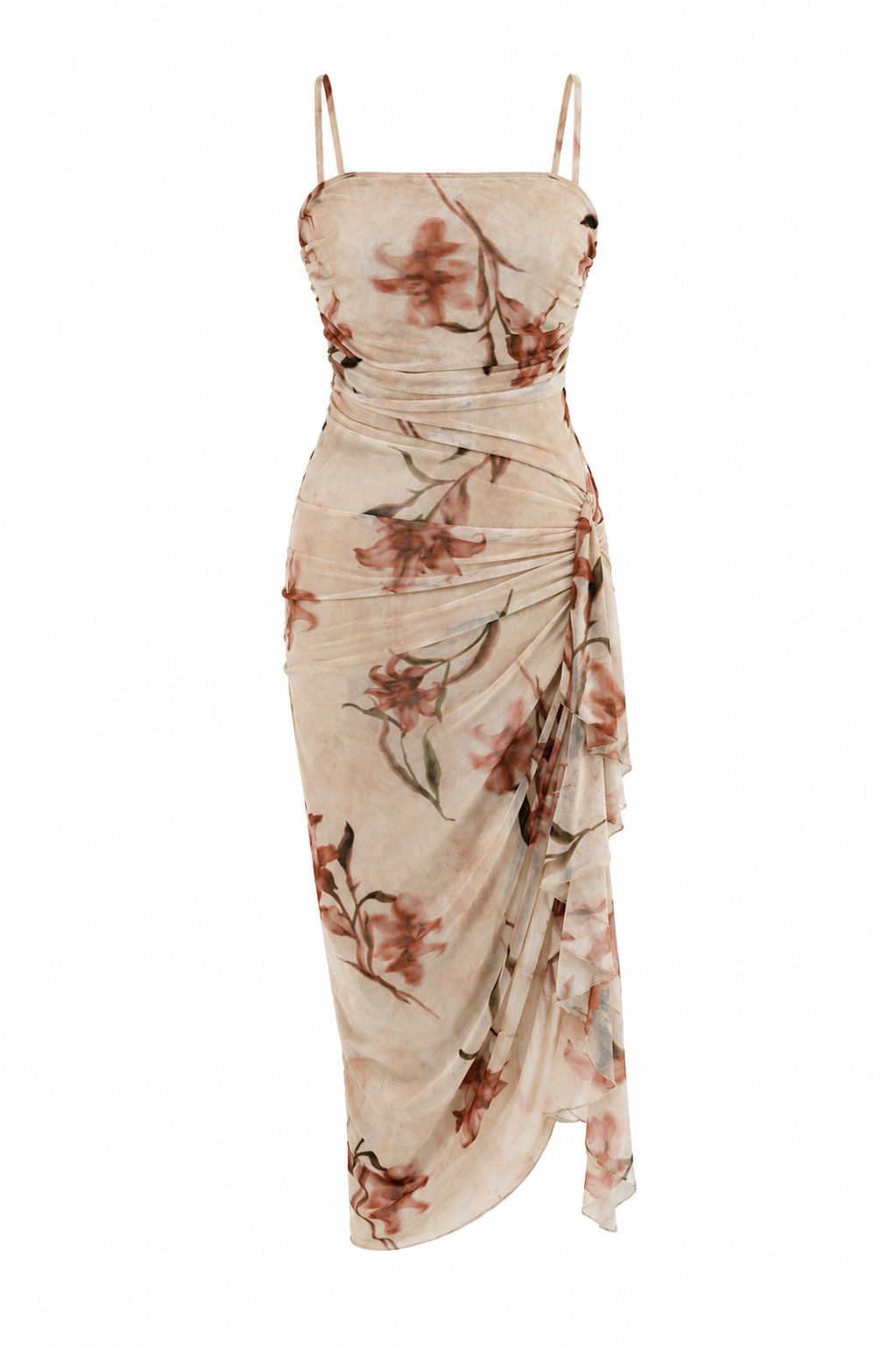 Peach Mesh Floral Ruffle Maxi Dress