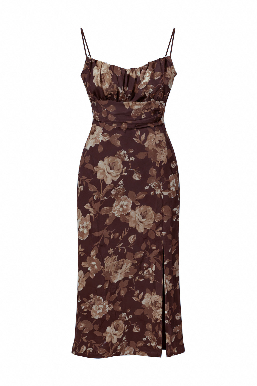 Brown Floral Chiffon Tie Back Split Midi Dress