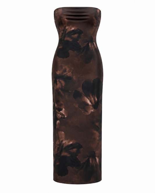 Brown Strapless Floral Maxi Dress