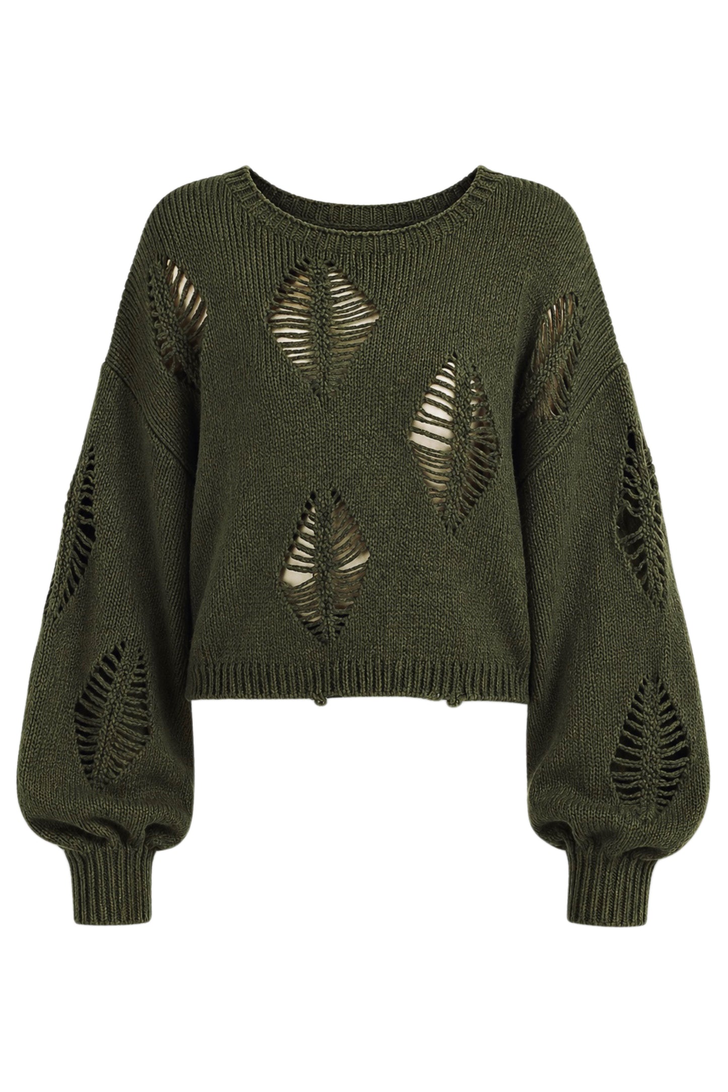 Olive Distressed Boat Neck Pullover Sweater