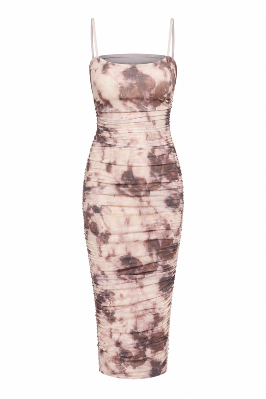 Tye Dye Print Mesh Scrunch Midi Dress
