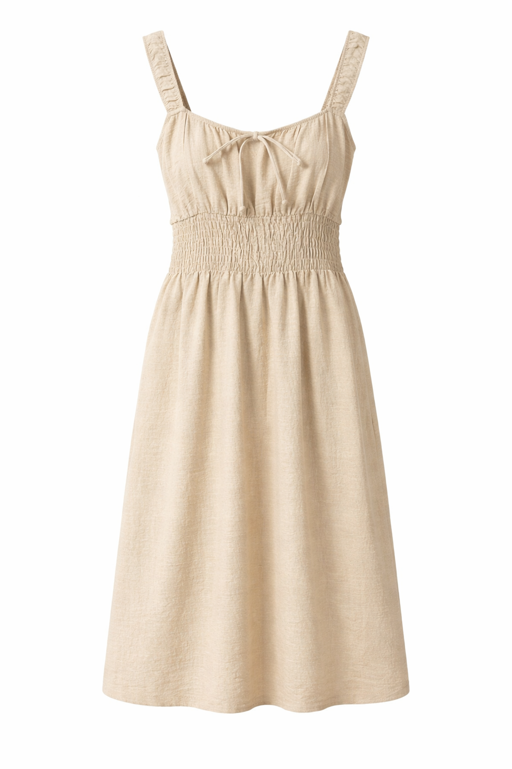 Linen Smock Tie Front Midi Dress
