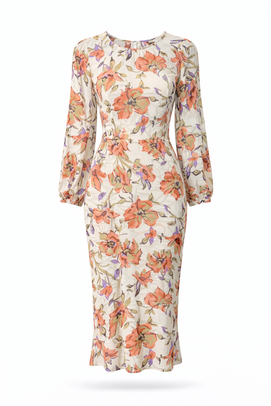 White & Pink Floral Long Sleeve Dress