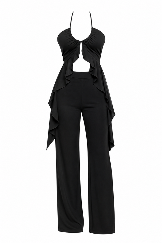 Front Ruffle Hem Halter Tie Top and Pants Set