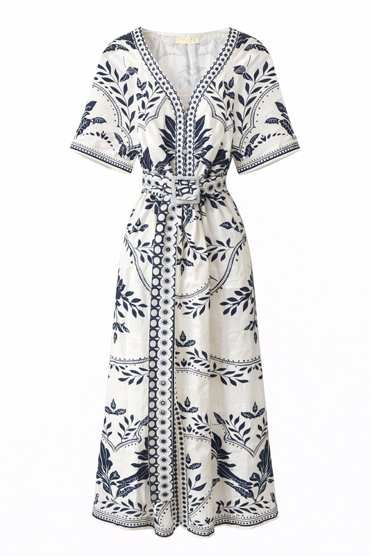 Linen Belted Tropical Print Belted Maxi Dress