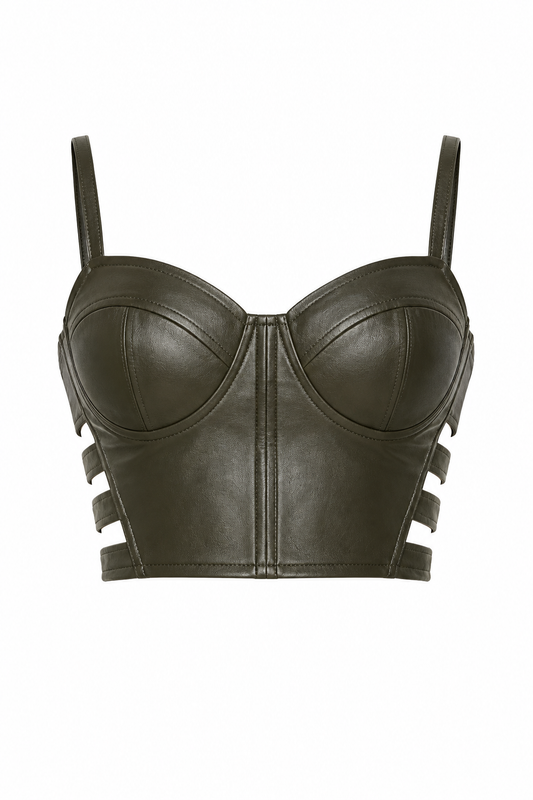 Olive Faux Leather Cut Out Bustier Top