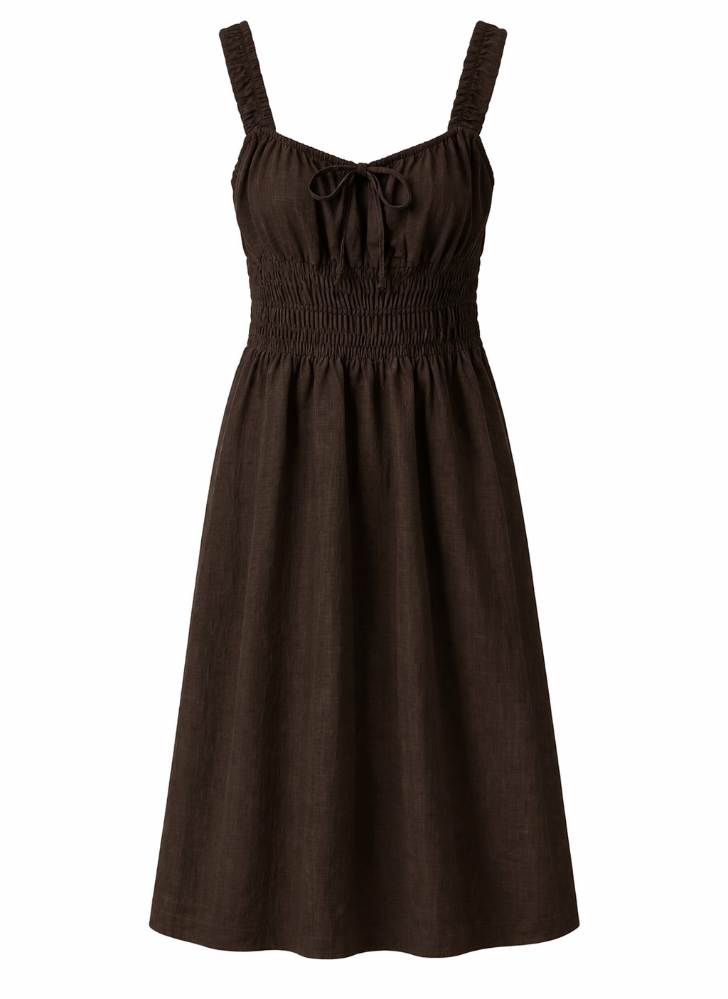 Linen Smock Tie Front Midi Dress