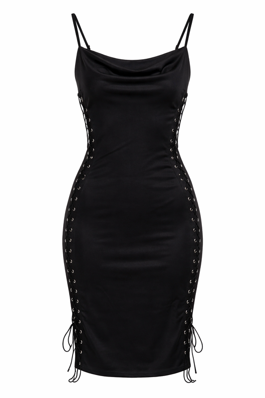 Black Side Lace Up Tie Midi Dress