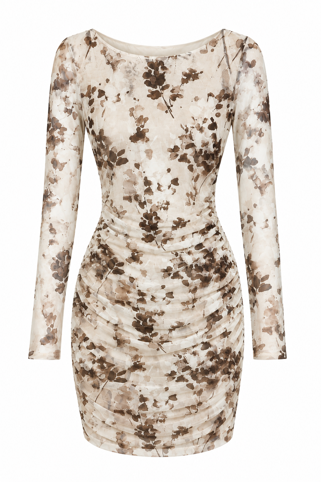 Mesh Brown and Beige Leaf Printed Mini Scrunch Dress