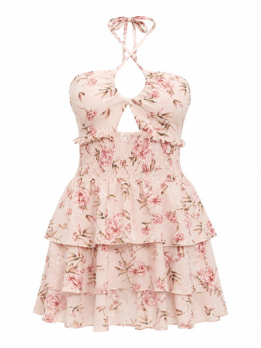 Pink Floral Print Cut Out Halter Mini Dress