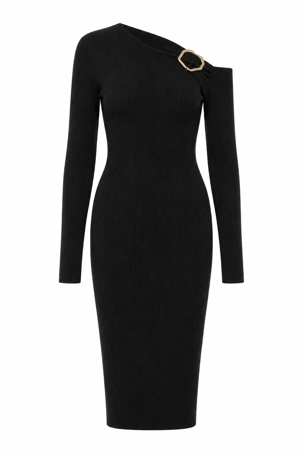 Asymmetrical Gold Accent Ribbed Sweater Dress