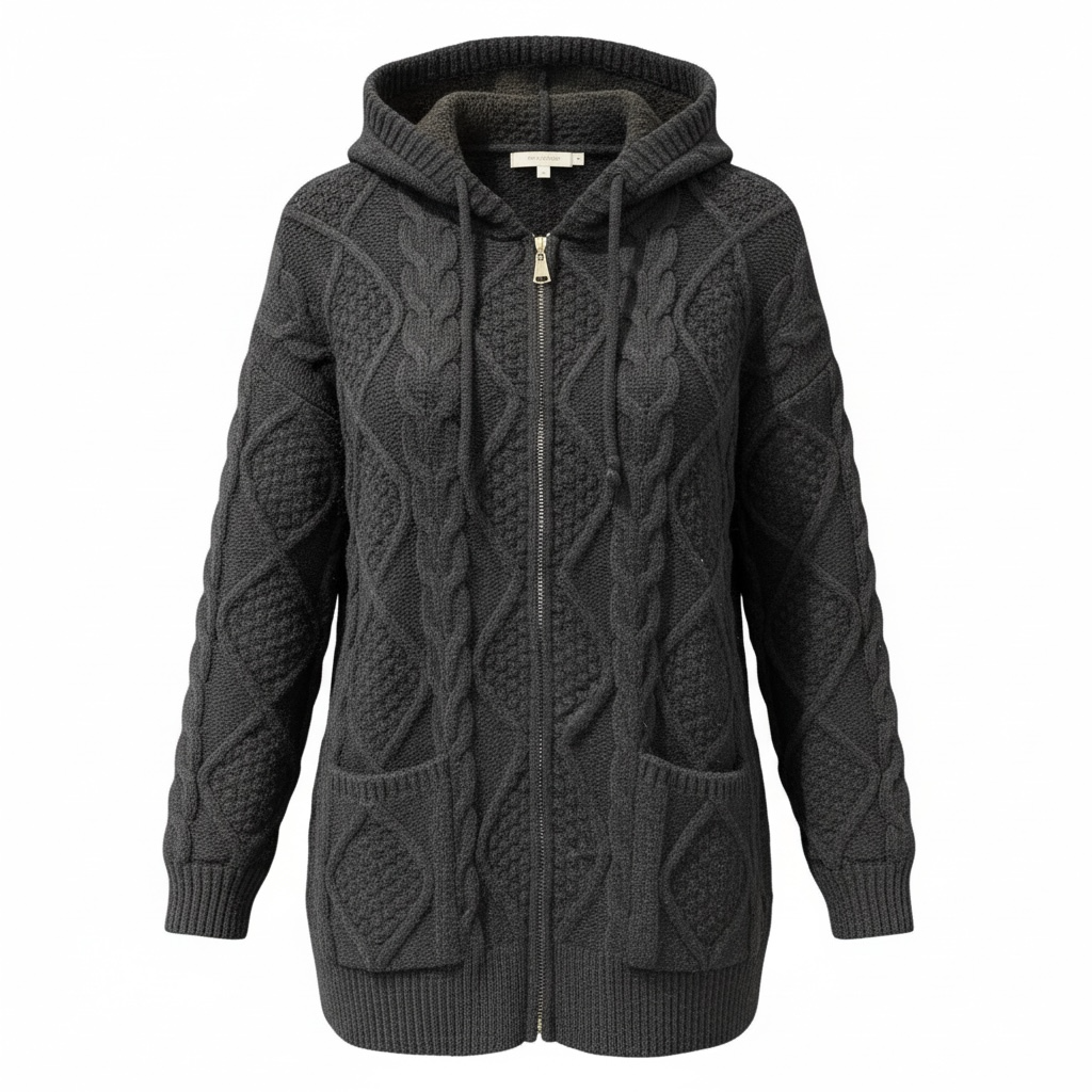 Thick Black Cable Knit Hoodie