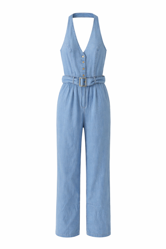 Halter Belted Button Denim Jumper