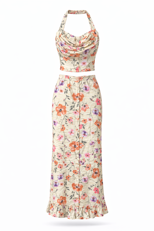 Yellow Floral Skirt and Crop Set