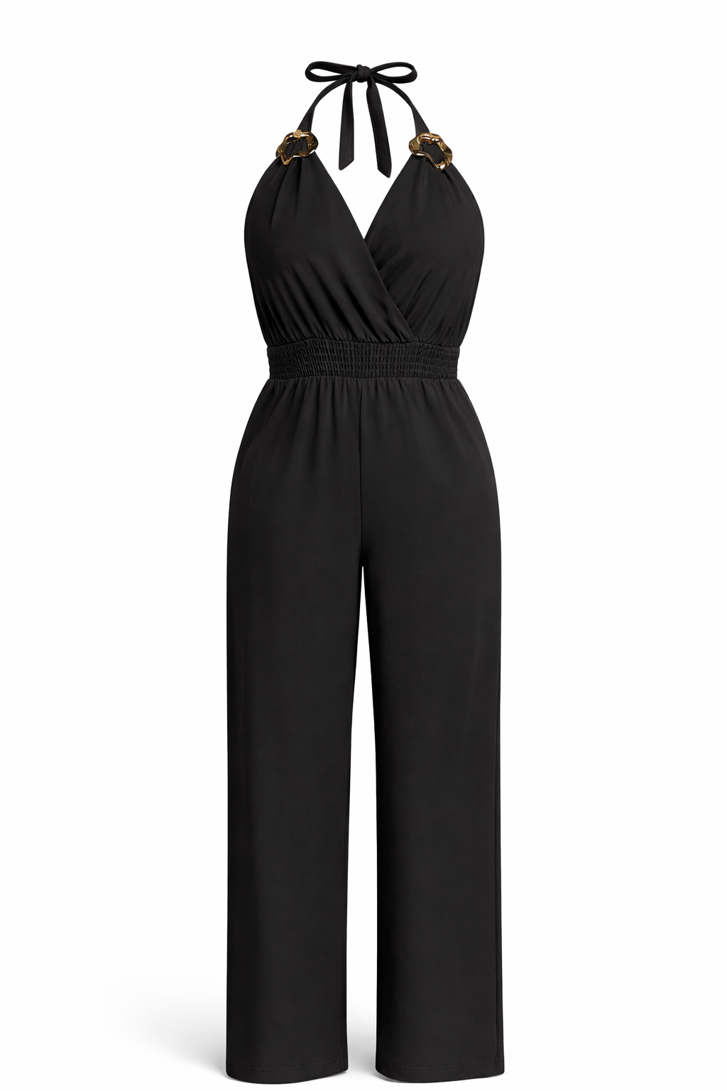 Gold Accent Halter Smock Waist Jumper