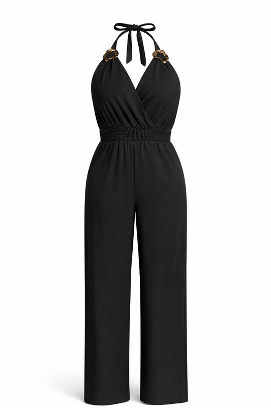 Gold Accent Halter Smock Waist Jumper