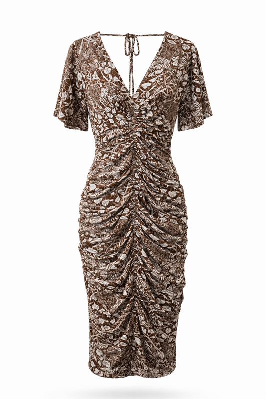 Brown Tropical Scrunch Midi Dress