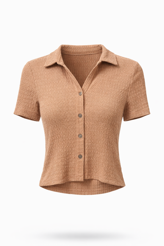 Tan Crepe Button Crop