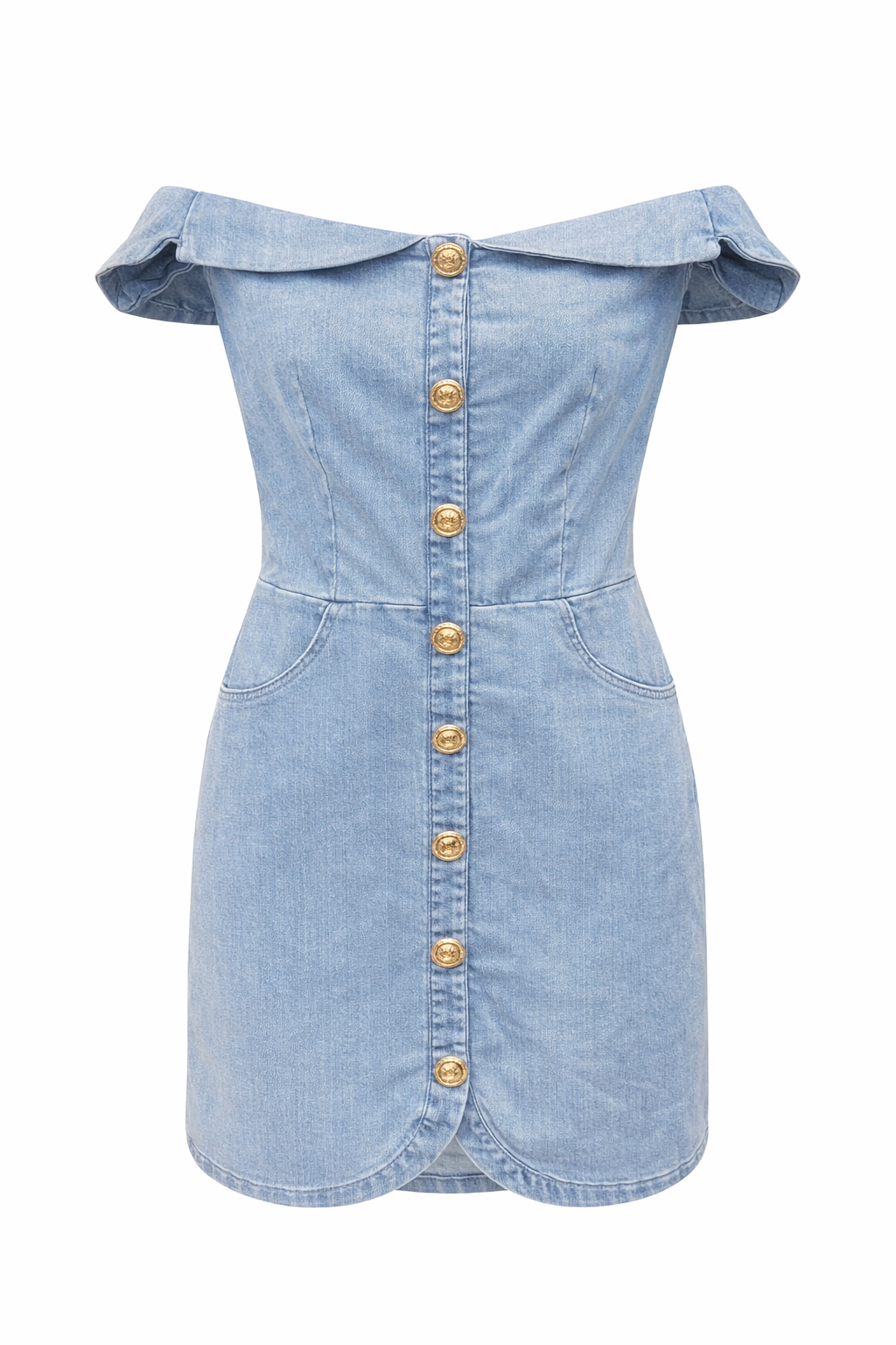 Gold Button Denim Wash Mini Dress