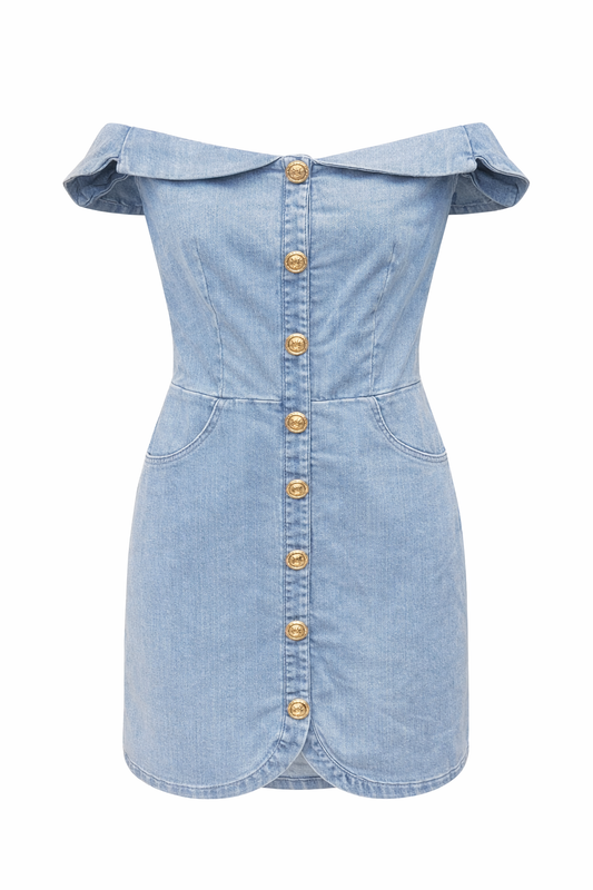 Gold Button Denim Wash Mini Dress