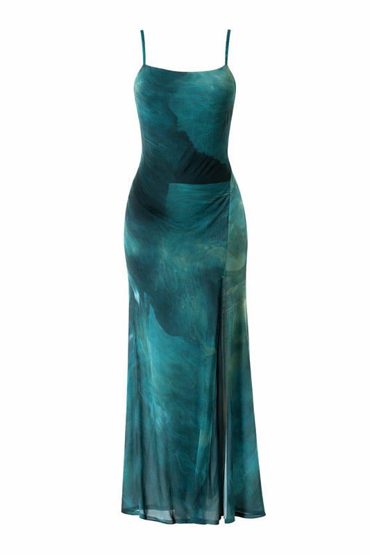 Mesh Floral Print Split Maxi Dress