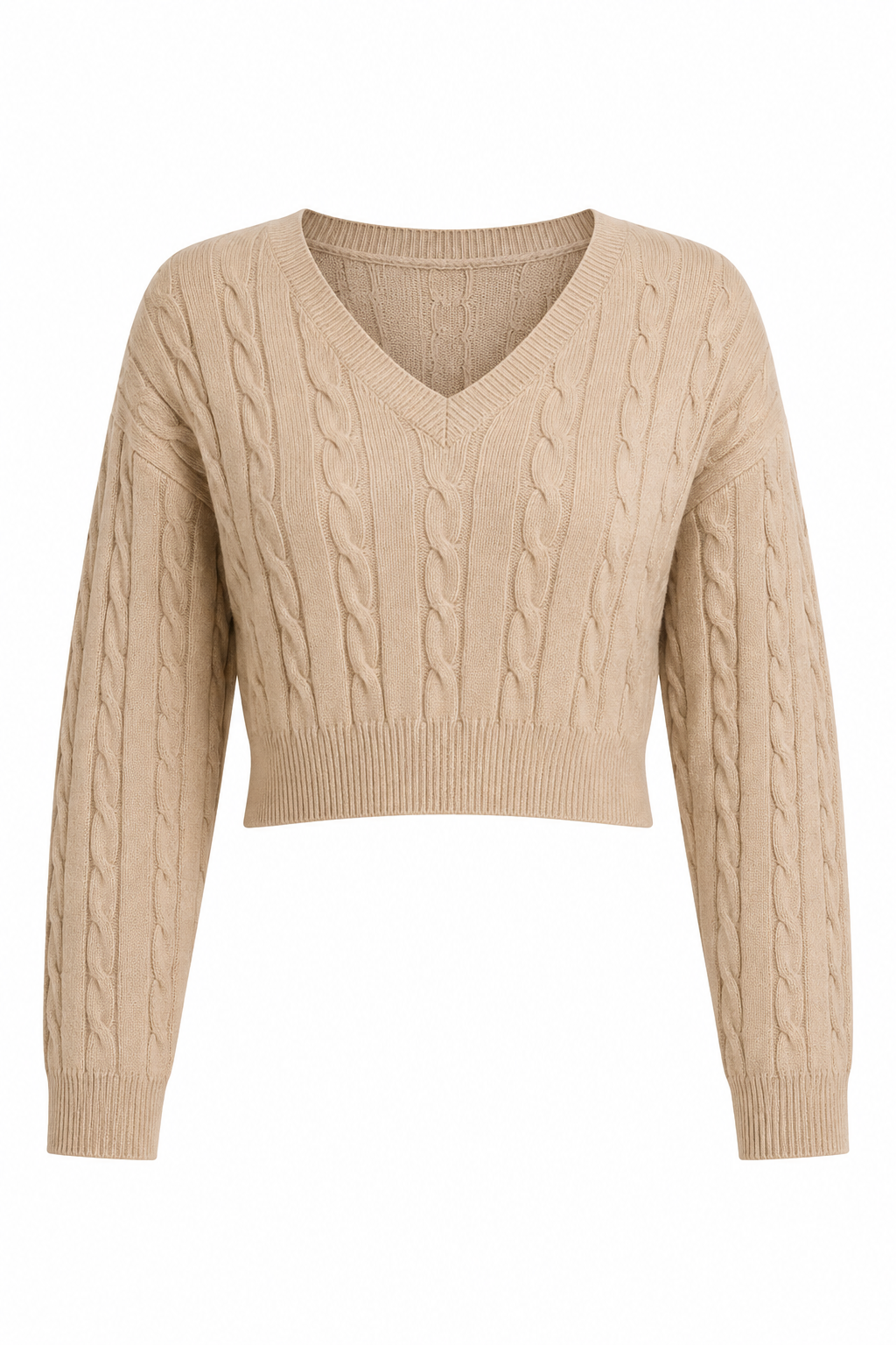 Cable Knit V Neck Cropped Sweater