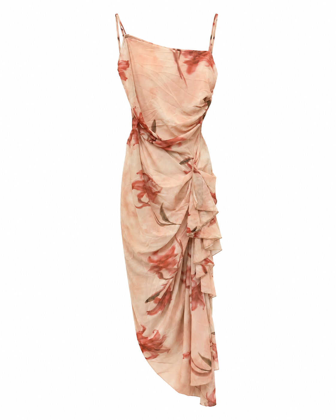 Peach Mesh Floral Ruffle Maxi Dress