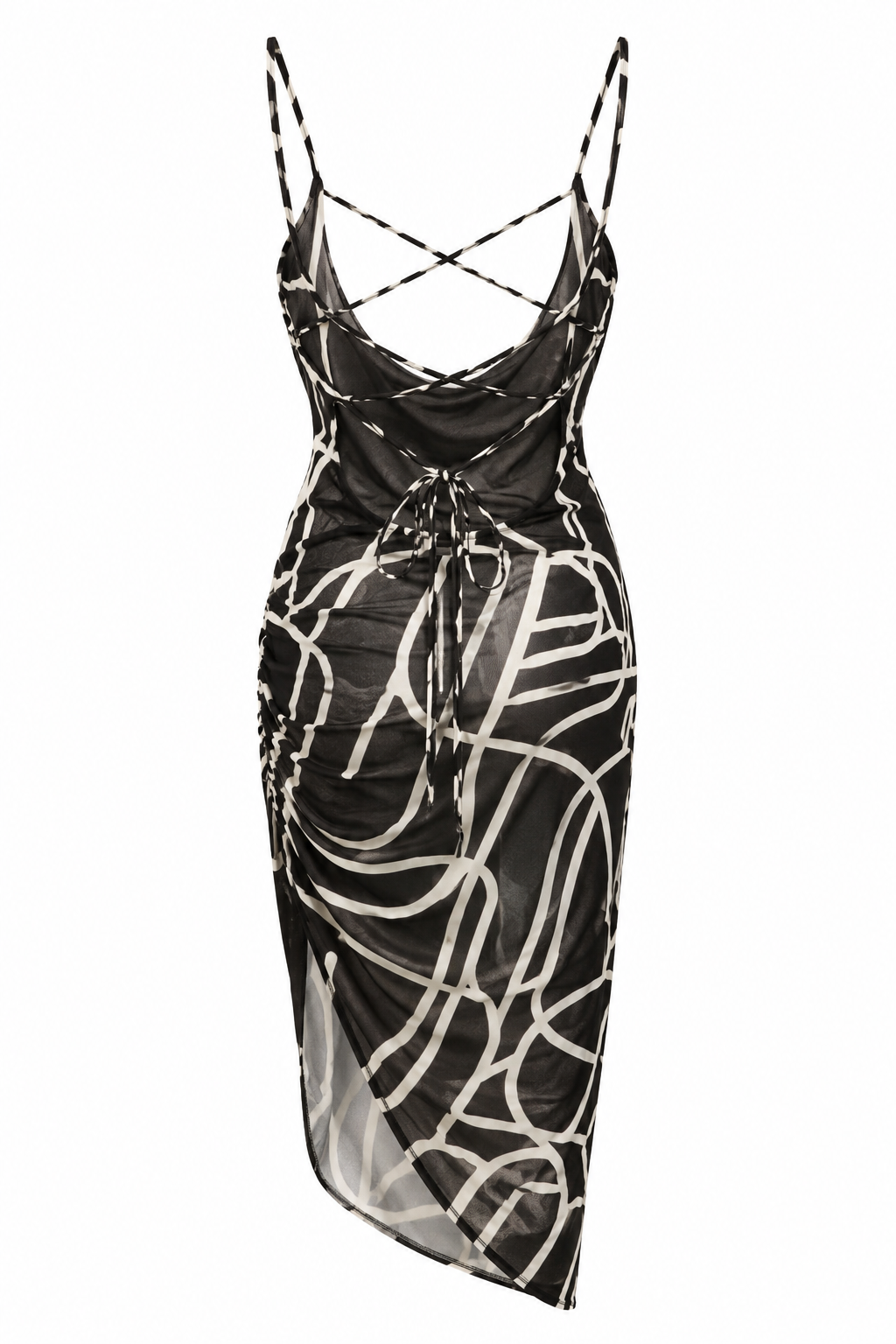 Mesh Scribble Print Back Lave Up Midi Scrunch Dress