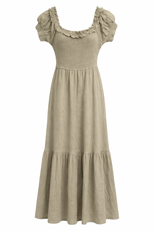 Olive Crepe Smock Midi Dress