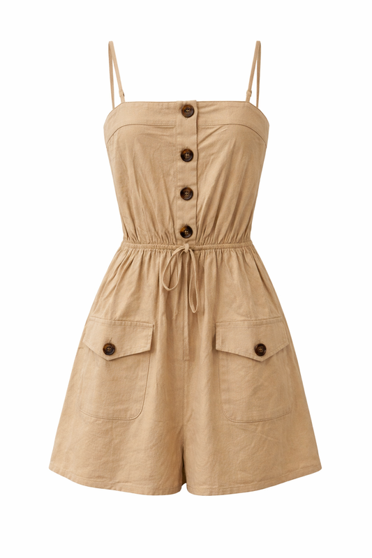 Linen Button Tie Cargo Romper