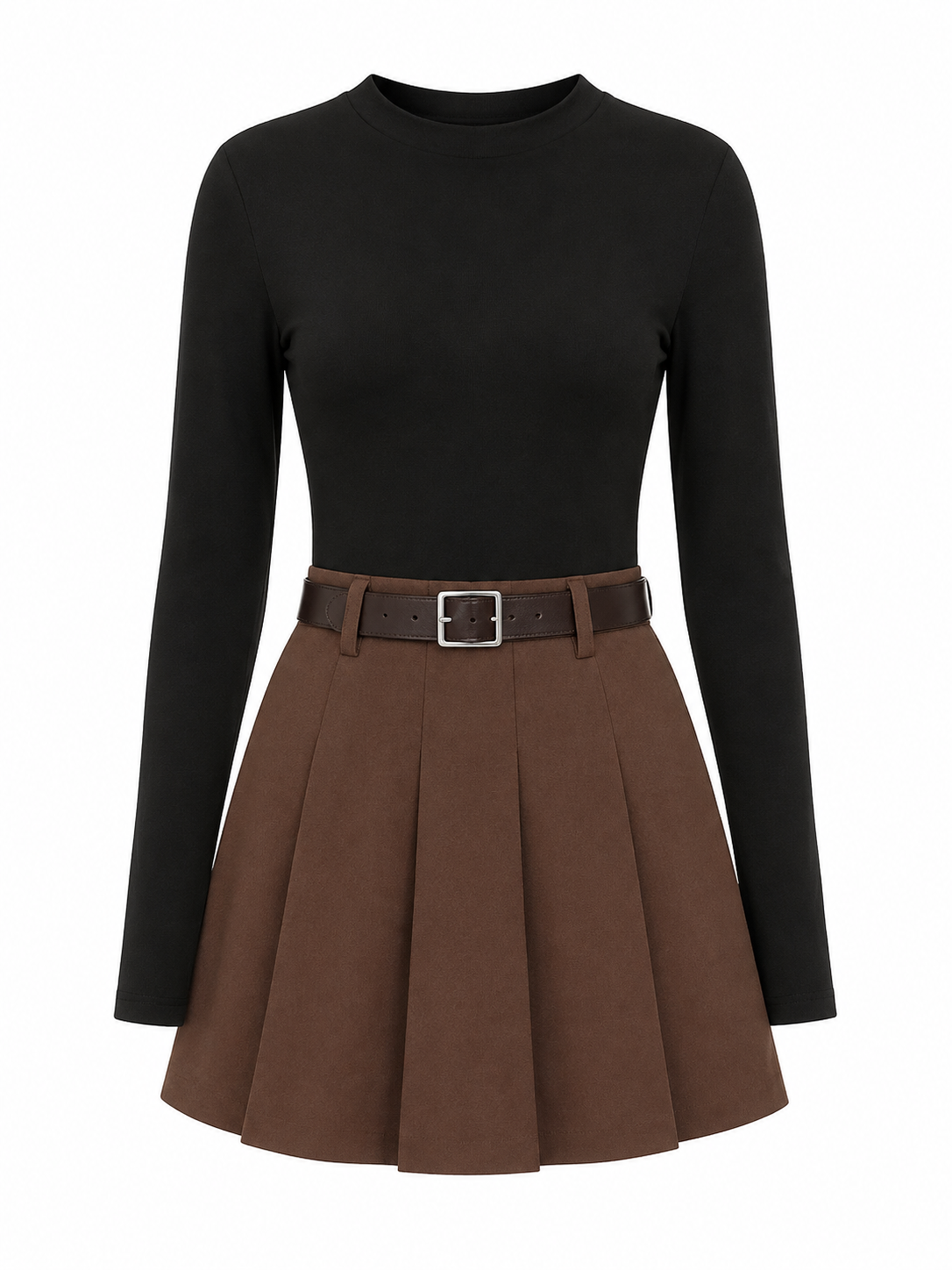 Belted Flare Skirt Pleated Top Dress