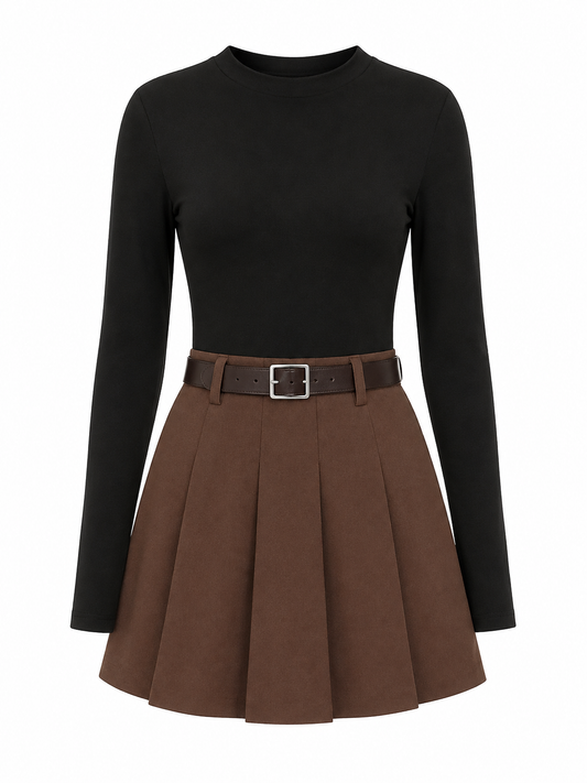 Belted Flare Skirt Pleated Top Dress