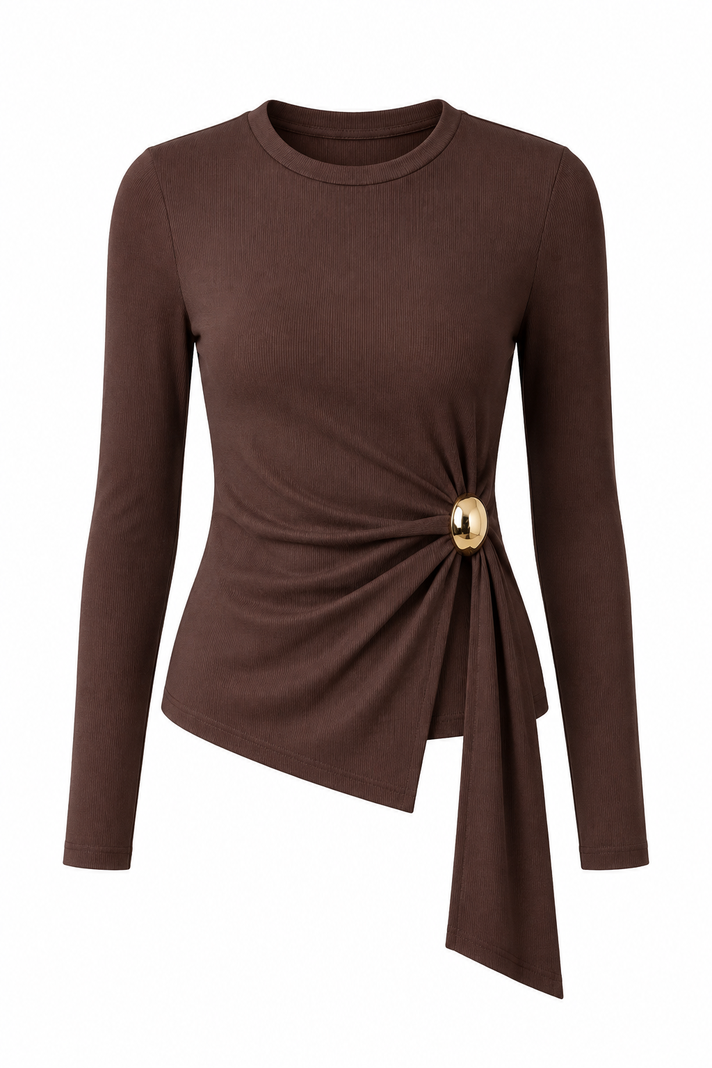 Ribbed Asymmetrical Drape Gold Accent Top