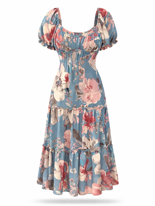 Blue Floral Chiffon Maxi Dress