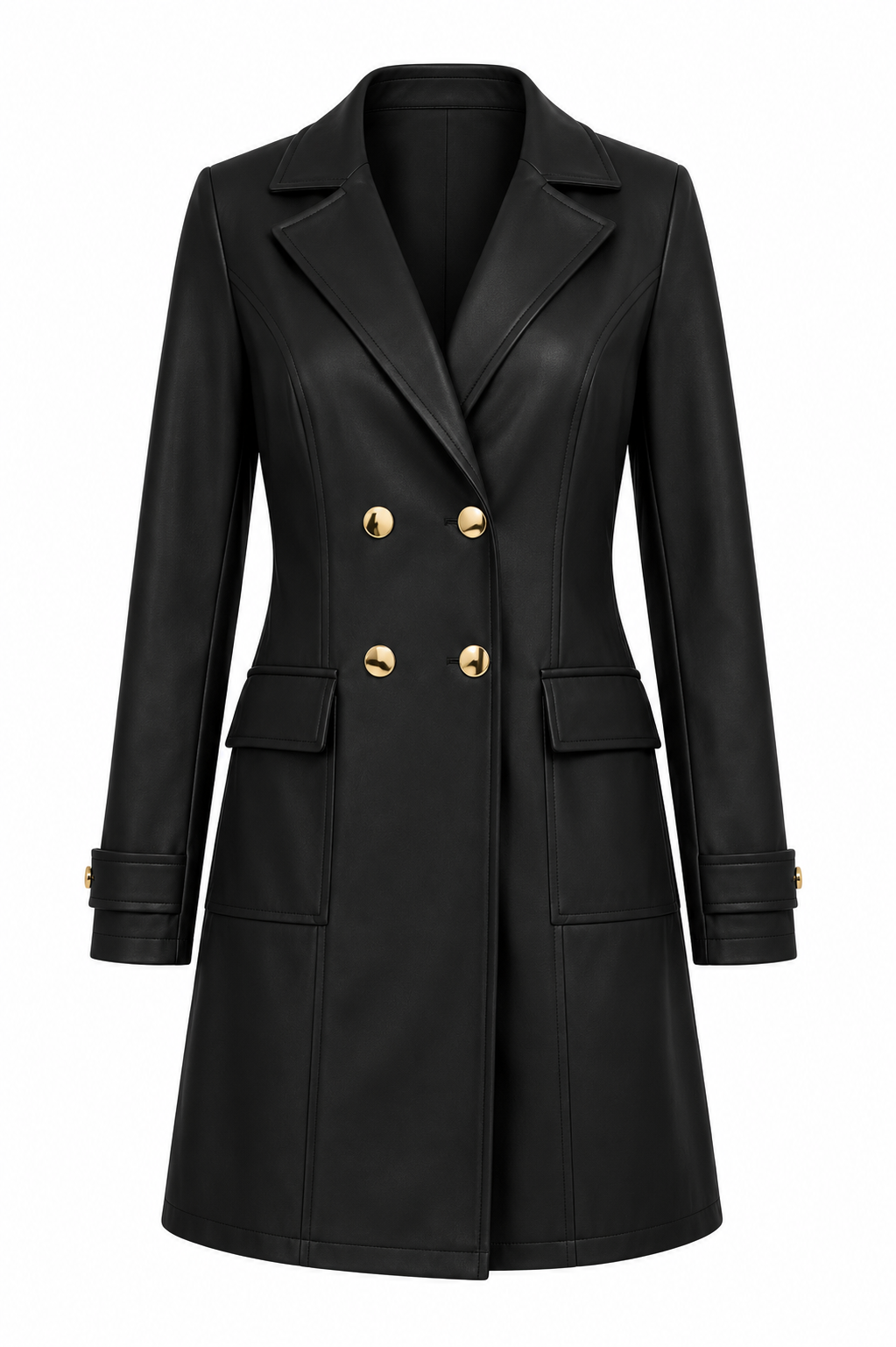 Faux Leather Gold Button Trench Coat