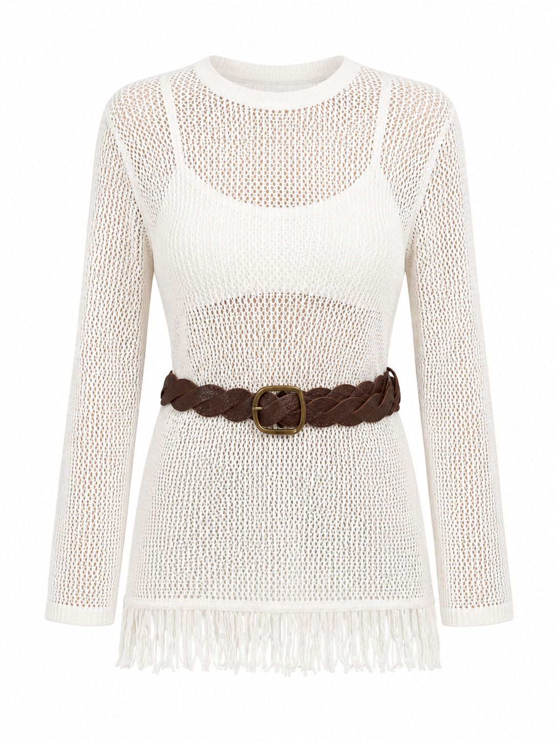 Crochet Fringe Belted Sweater