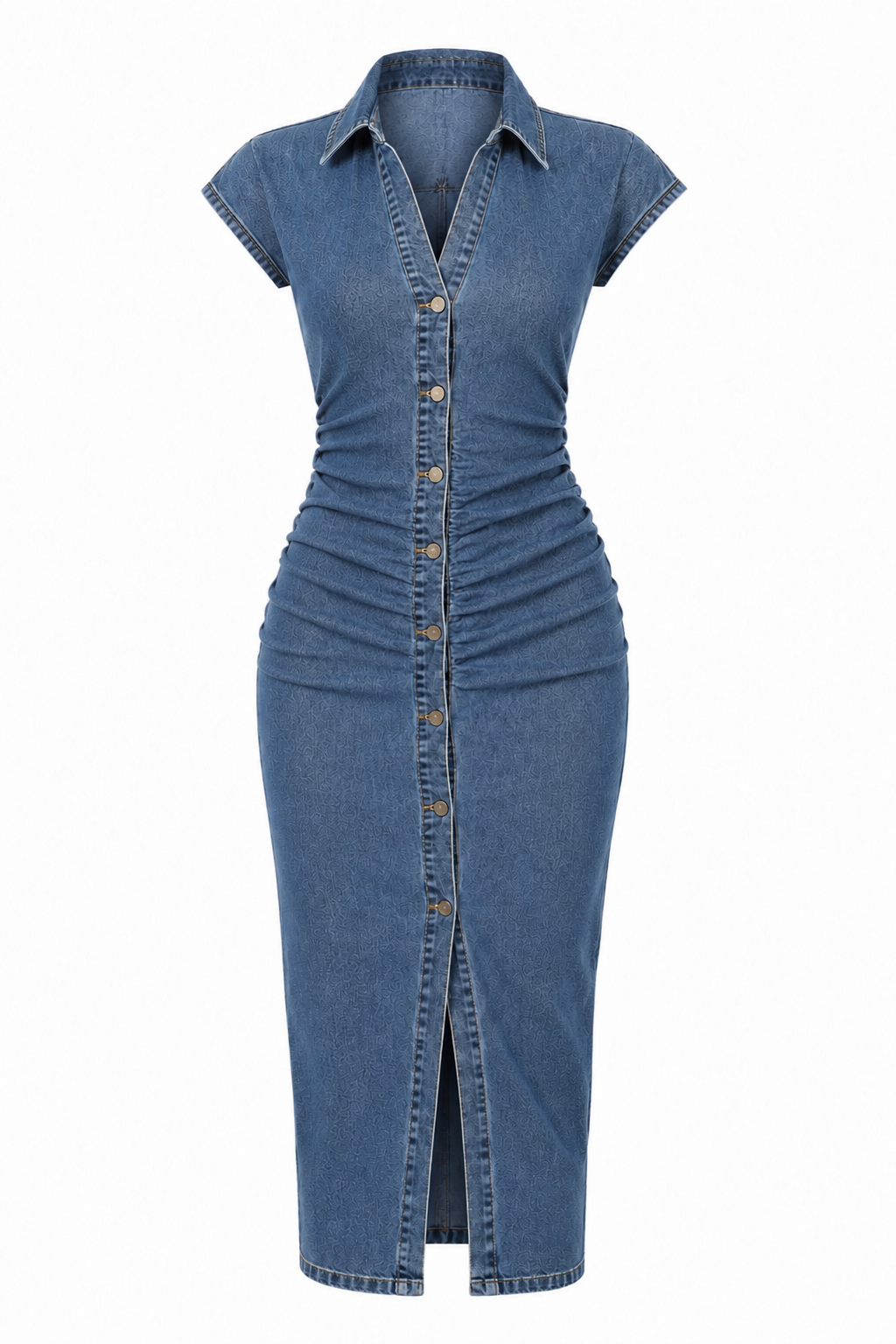 Denim Button Side Scrunch Cap Sleeve Maxi Dress